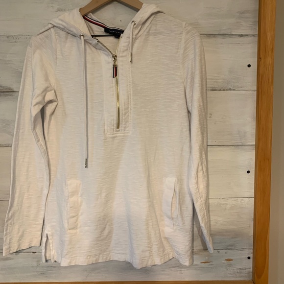 Tommy Hilfiger white lightweight pullover hoodie quarter zip with pockets - Picture 2 of 4
